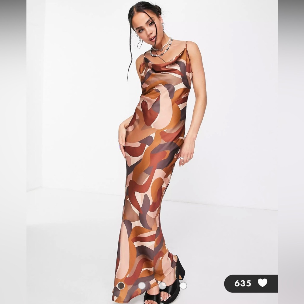 Peppermayo exclusive satin cowl front maxi dress in brown swirl print